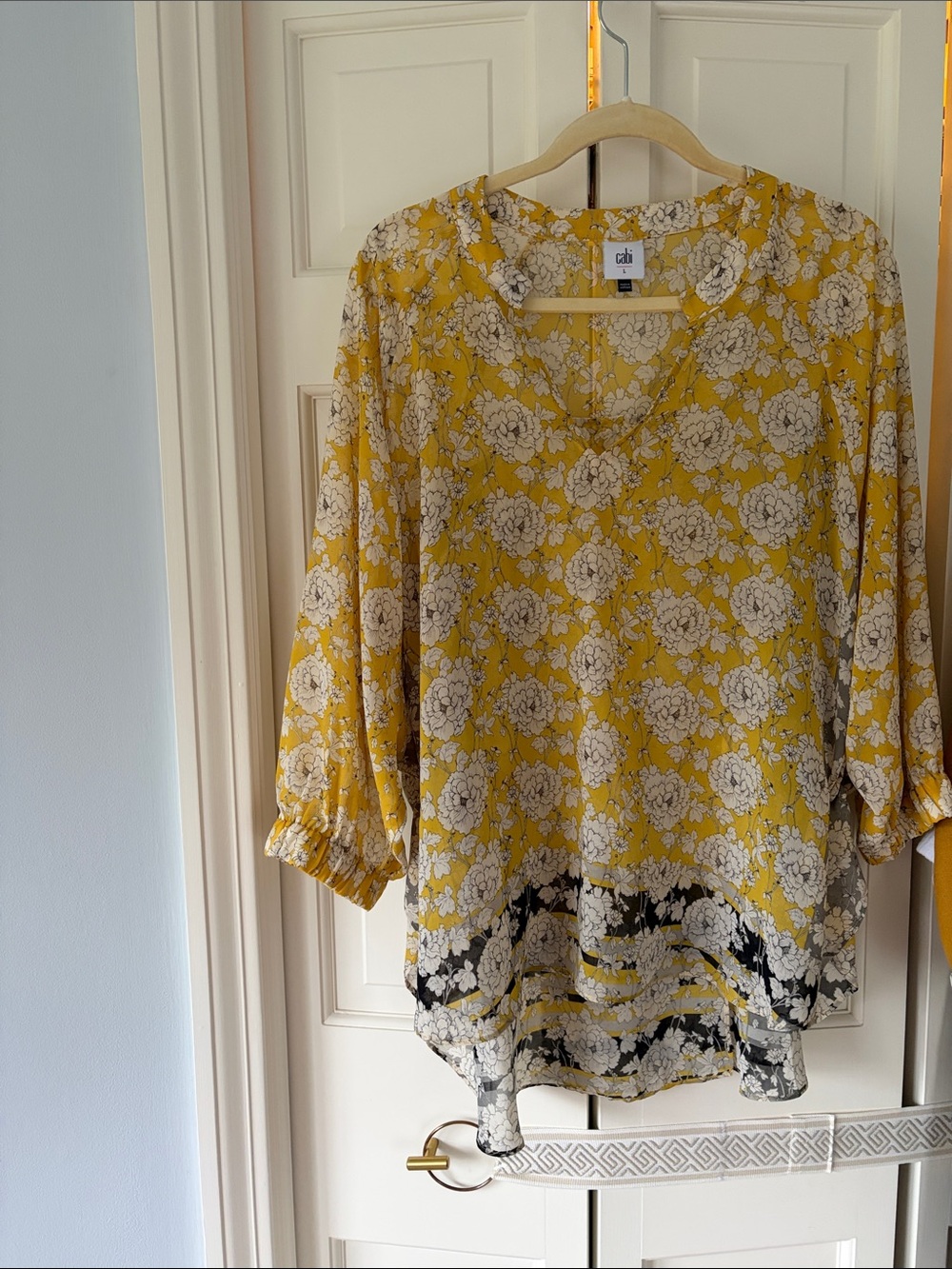 CAbi Yellow Floral Split-Neck Blouse